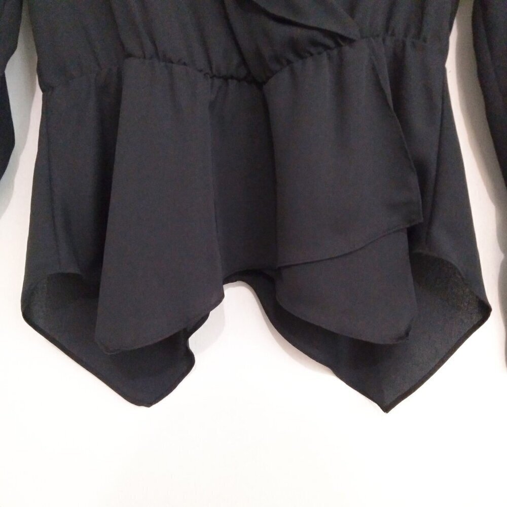 Black Long Sleeve Top Ruffled Low Neck&Cuffs Layers of Pointed Cuts on Hem Sz S - Picture 4 of 12